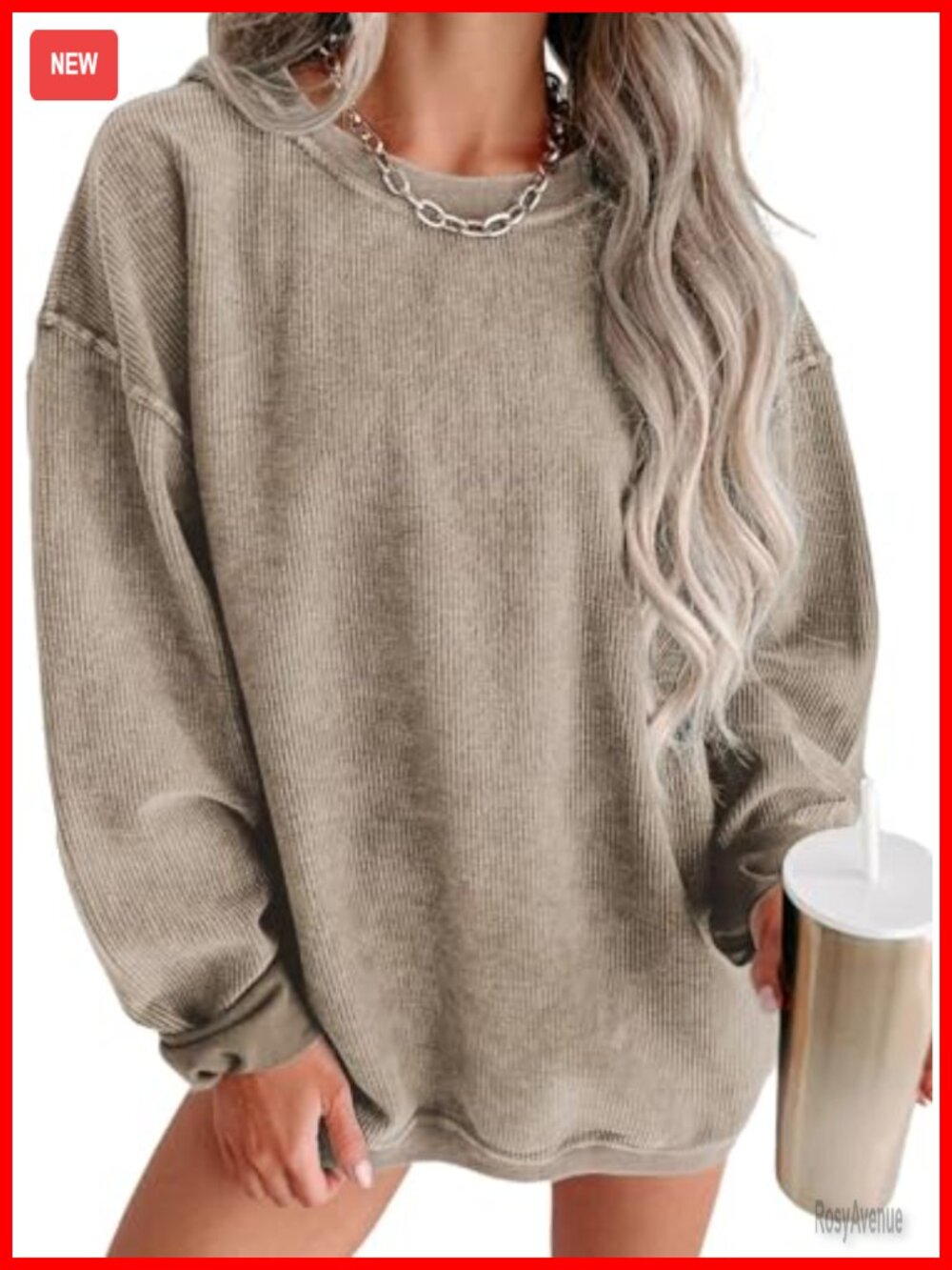 Oversized Ribbed Pullover Sweatshirt Crew Neck Long Sleeve Casual Top